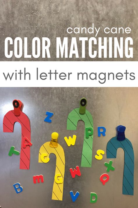 color-matching-with-letter-magnets-candy-canes Thema Letters, Letter Magnets, Christmas Science Activities, Library Storytime, Teaching Abcs, Educational Activities For Toddlers, Literacy Centres, Christmas Activities For Toddlers, Kindergarten Colors