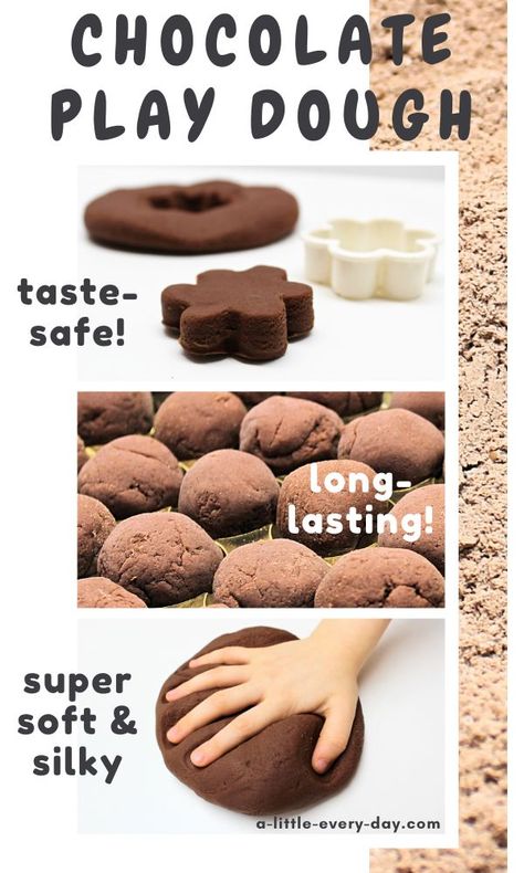 This chocolate play dough is so simple to make and smells amazing! It's made from common pantry ingredients and therefore safe for little ones who put everything in their mouths. It's also super soft and silky, and lasts for months when properly stored. Perfect for Easter, Valentine's Day or any other occasion! #playdough #playdoughrecipe #chocolate #chocolateplaydough #scentedplaydough #diyscentedplaydough #tastesafe #sensoryplay #valentinesday #easter #easterplaydough #easteractivities Chocolate Edible Playdough, Hot Chocolate Playdough Recipe, Diy Brown Playdough, How To Make Black Playdough, How To Make Brown Playdough, Brown Playdough Recipe, Chocolate Crafts For Kids, Cookie Playdough, Brown Playdough