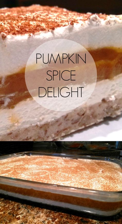 A fun Fall spin on the classic recipe for the cheesecake layered dessert, Chocolate Delight, using pumpkin spice pudding mix! #pumpkinspice #desserts Ark Recipes, Pumpkin Spice Pudding, All Recipes Pancakes, Cheesecake Delight, Spice Cheesecake, Pumpkin Pie Spice Recipe, Pumpkin Spice Cheesecake, Layered Dessert, Layered Desserts