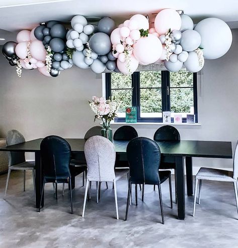 Balloon Garland Hanging Over Table, Balloon Garland Above Table, Ceiling Balloon Garland, Table Balloon Garland, Baloon Garland, Balloon Tutorials, Hanging Balloons, Balloon Creations, Balloon Company