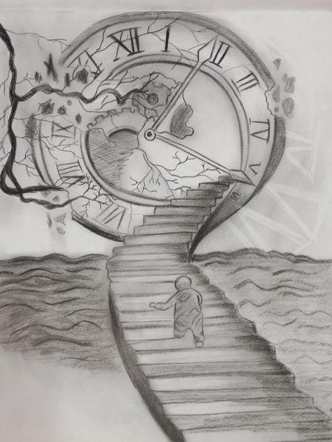 3d Clock Drawing, Surrealism Pen Drawing, Very Detailed Drawings, Technology Drawing Ideas, Meaningful Drawing Ideas Beautiful, Stairs Drawing, How To Draw Stairs, Surreal Art Painting, Dragon Tattoo Sketch