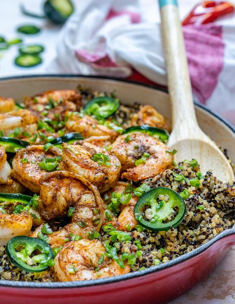 Spicy Cajun Shrimp + Quinoa Skillet for Clean Eating Dinner Ideas | Clean Food Crush Clean Eating Dinner Ideas, Spicy Cajun Shrimp, Clean Eating Shrimp, Quinoa Skillet, Shrimp Quinoa, Quinoa Recipes Dinner, Shrimp And Quinoa, Quinoa Dishes, Jalapeno Pepper