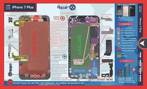 Apple iPhone 7 Plus Repair Schematic Save time, reduce repair mistakes, and train new technicians with the revolutionary new Repair Schematics. The industry first 1-page repair guide that lables screws, parts and tools you need for a specific repair. Its the only way to repair with confidence. Purchase the Patent Pending Magnetic Tray to use along with the Repair Schematic to hold your screws magnetically during a repair. Features: -Color coding that clear Apple Iphone Repair, Smartphone Repair, Apple Iphone 6s Plus, Apple Iphone 4s, Iphone Repair, Samsung Tablet, New Ios, Apple Ipod Touch, Repair Guide