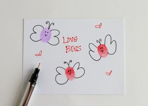 Thumbprint Love Bugs Card Thumbprint Cards, Fingerprint Crafts For Kids, Thumbprint Crafts, Toddler Valentine Crafts, Craft For Toddlers, Fingerprint Crafts, Heart Craft, February Crafts, Arts And Crafts For Teens