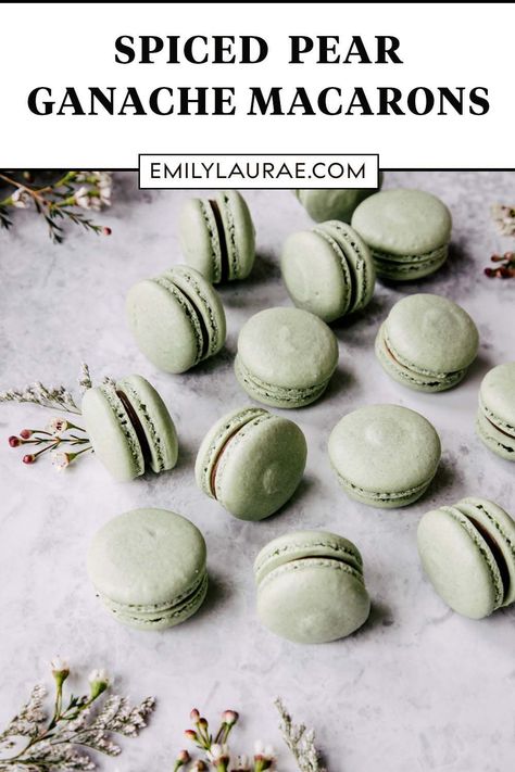 A step-by-step recipe to make Spiced Pear Ganache Macarons – the perfect treat to accompany a cup of tea on a winter afternoon! Wilton Piping Tips, Pear Liqueur, Macaron Recipes, Christmas Macarons, Macaron Filling, How To Make Macarons, Macaron Flavors, Spiced Pear, Macaroon Recipes