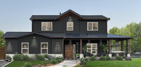 Neutral Exterior House Colors, Modern Black Houses, Modern Farmhouse Exterior Colors, Modern Black House, Dark Blue Houses, Farmhouse Exterior Colors, Best Exterior Paint, Black Houses, Dark Paint Colors