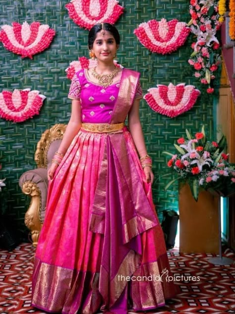 Saree To Pattu Pavadai, Pattu Lehenga Blouse Designs, Saree Ceremony, Saree Function, Half Saree Function, Langa Voni, Pattu Pavadai, Lehenga Saree Design, Gown Designs