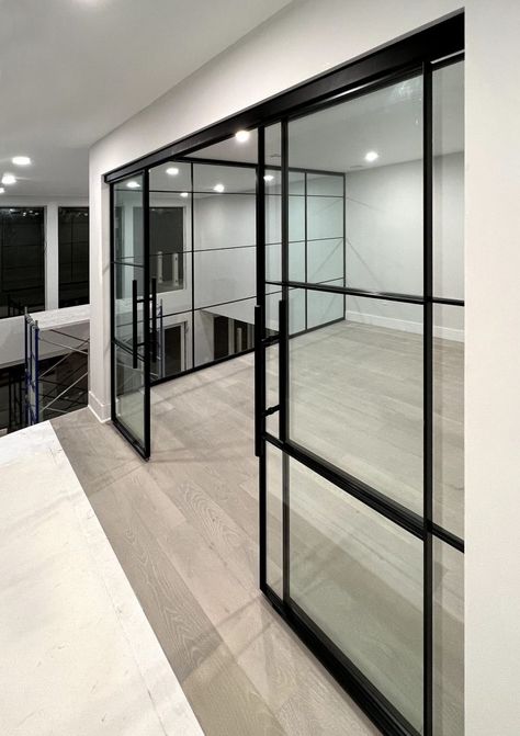 Framed Sliding Glass Doors | Crystalia Glass Gym With Glass Doors, Glass Slider Doors, Gym Basement, Home Gym Basement, Basement Gym, Double Sliding Doors, Golf Simulators, Sliding Glass Doors, Gym Ideas