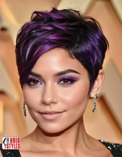 #hairstyles #haircut Purple highlights are a bold, vibrant way to enhance your hairstyle, adding a touch of color that stands out and makes a statement. Whether you have short, medium, or long hair, purple highlights can be incorporated into various hairstyles to create an eye-catching look. Below are ten trendy hairstyles with purple highlights that can elevate your hair game. 1. Purple Ombre on Long Waves Long, flowing waves are effortlessly elegant, and adding purple ombre highlights to th... Short Hair Purple Highlights, Purple Hair Color Ideas For Short Hair, Short Purple Hair Pixie, Short Plum Hair, Purple Pixie Haircut, Hairstyles With Purple Highlights, Short Hair Color Ideas Unique, Medium Purple Hair, Creative Hair Color Short