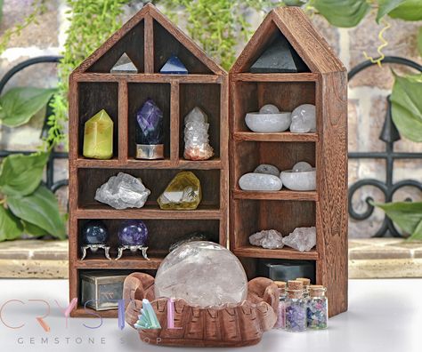 Small Crystal Display, Gemstone Display, Selenite Bowl, Ruby Fuchsite, Crystal Display, Gemstone Collection, Oak Shelves, Visual Board, Spirit Quartz