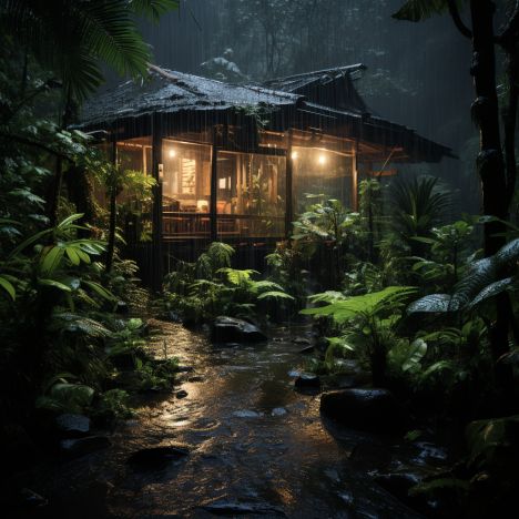 shack inside rainforest Listening To Music With Headphones, Girl Listening To Music, Music With Headphones, Relaxing Rain Sounds, Beautiful Small Homes, Dark Forest Aesthetic, Fairytale House, Cabin Aesthetic, Jungle House