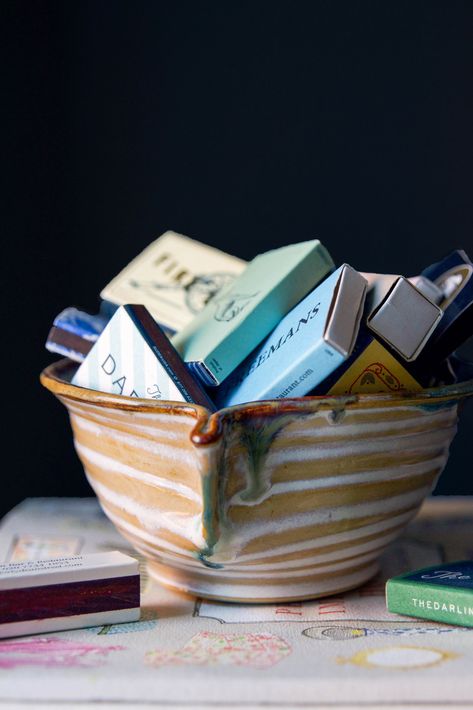 An Ode to the Well-Curated Matchbook Collection - Heather Bien Matchbooks In Bowl, Apartment Matchbooks, Matchbook Collection, Cool Matchbooks, Restaurant Matchbook, Vintage Bar Matchbook, Nyc Matchbooks, Apartment Goals, Chalkboard Wall