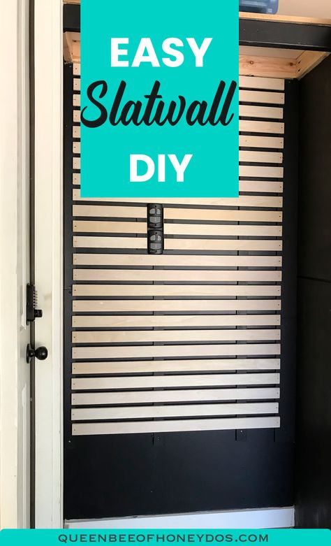 Upcycle leftover bed slats or plywood into a simple, easy, slat wall storage system. #workshop #mudbench #storage #entry Horizontal Wood Slat Wall With Shelves, Bed Slats Upcycle Diy, Diy Slat Wall Display, Diy Slat Wall Storage, Repurpose Bed Slats, Slat Wall Coat Rack, Slat Wall Closet, Bed Slats Diy Projects, Slat Board Wall