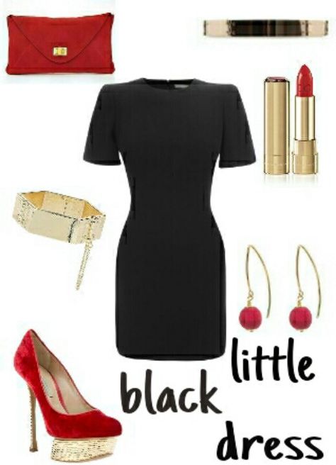 Little black dress outfit I'd wear normal style red heels rather than platform heel Black Dress With Red Heels, Black Dress Red Shoes, Black Dress Red Heels, Red Heels Outfit, Black Dress Outfit, Little Black Dress Outfit, Normal Style, Black Dress Style, Black Dresses Classy