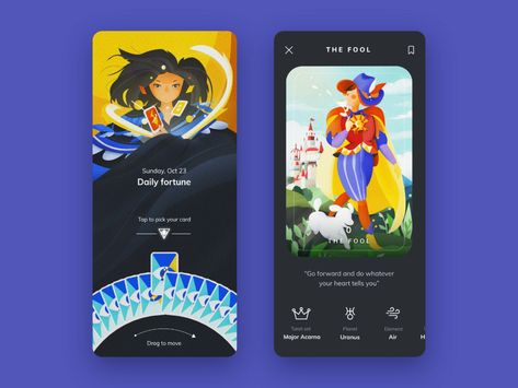 Tarot App Design by Hoàng Thảo for Onteractive on Dribbble Tarot App, Card Ui, Web Design Tools, Web Inspiration, Tarot Art, Book App, Art Collage Wall, Game App, Mobile Design