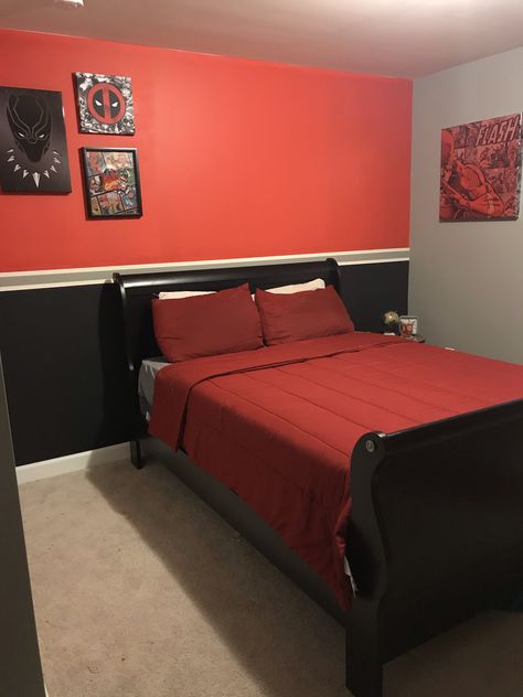 Red and black boy bedroom Red And Grey Bedroom Walls, Black White Grey And Red Bedroom Ideas, Red And Black Painted Walls Room Colors, Red Bedroom Wall Ideas, Boys Red Bedroom Ideas, Black And Red Boys Bedroom, Red Accent Wall Bedroom Boys, Red Bedroom Ideas For Boys, Boys Red Bedroom