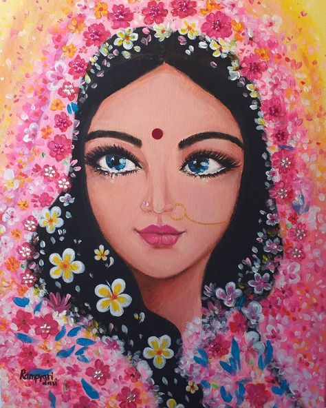 45 Likes, 1 Comments - From Rampyari's HeART❤ (@rampyaridasi) on Instagram: “Radharani 💗 Kartika Acrylic on canvas 30\40 #fromRampyarisHeART #PremART #BhaktiArt…” Spiritual Art Soul, Canvas Art Painting Abstract, Shri Radhe, Abstract Pencil Drawings, Vedic Art, Madhubani Art, Lord Krishna Wallpapers, Krishna Radha Painting, Beauty Art Drawings