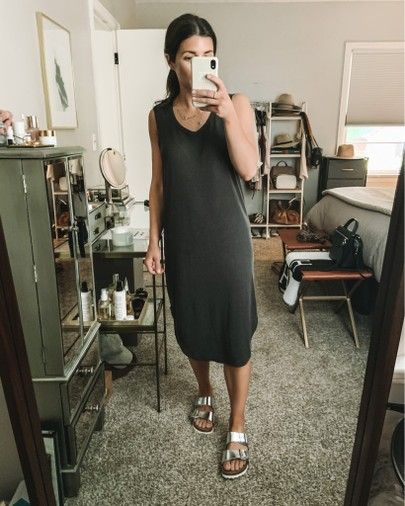 Comfy Dresses To Wear At Home, Dress And Birkenstocks, How To Wear Birkenstock Sandals, How To Wear Birkenstock, Sandals Outfit Casual, Sandals Birkenstock, Easy Knit, Birkenstock Sandals, Comfy Dresses