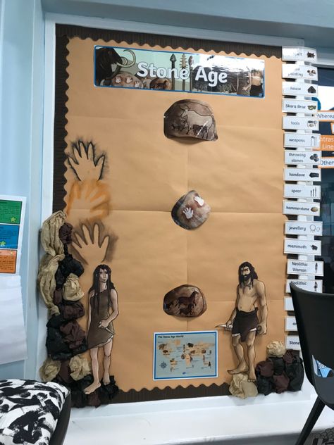 Stone Age School Display, Stone Age Display Year 3, Year 3 Classroom Ideas, Stone Age Ks2, Stone Age Display, Stone Age Boy, Archaeology For Kids, Pin Board Ideas, Stone Age Man