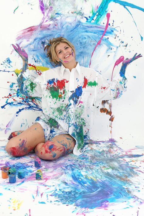 Paint Splatter Photoshoot, Pin Up Photos, Woman Sitting, Big Art, White Image, Woman Painting, Paint Splatter, Photography Inspo, Photoshoot Ideas