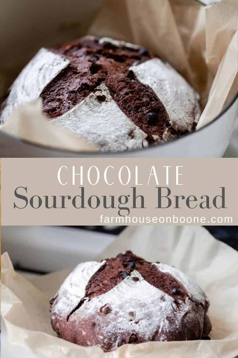 Double chocolate sourdough chocolate bread is a decadent recipe you will want to make over and over. Soft and chewy on the inside, crusty on the outside, and scattered with chocolate chips throughout. #farmhouseonboone #sourdoughchocolatebread #sourdoughbread #chocolatesourdoughbread Sourdough Bread Healthy, Chocolate Sourdough, Farmhouse On Boone, Sourdough Loaf, Sourdough Bread Starter, Homemade Sourdough Bread, Bread Starter, Sourdough Starter Recipe, Cooking Bread