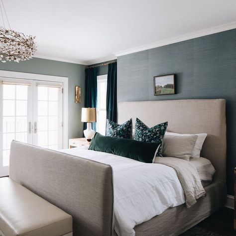 Jean Stoffer on Instagram: “While we’re on the subject of bedrooms...check out our Fair Oaks project. The master bedroom checks all the boxes for casual, luxurious…” Home Interior Design Bedroom, Grey Upholstered Bed, Transitional Bedroom Design, Grey And White Bedding, Beige Headboard, Jean Stoffer, Restful Bedrooms, Head Board, Transitional Bedroom