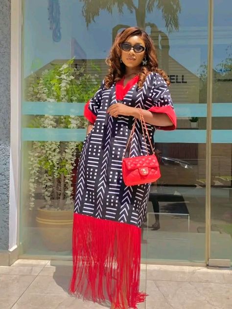 Adire Bubu With Fringe, Stylish Bubu Gown, Kampala Gown Styles For Ladies 2023, Kampala Dress Styles For Ladies, Latest Kampala Styles For Ladies 2023, Rich Auntie Vibes Outfit, Latest Kampala Bubu Gown Style, Bubu Gown With Ankara, Kampala Gown Styles For Women In Nigeria