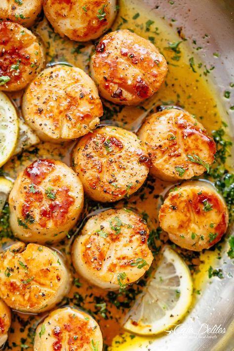 Lemon Garlic Butter Scallops Garlic Butter Scallops, Sauteed Scallops, Butter Scallops, Diner Recept, Scallop Recipes, Scallops Seared, Seafood Dinner, Fish Dishes, Garlic Butter