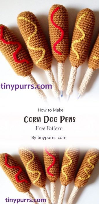 Easy Amigurumi Corndog Free Crochet Pattern Ideas - Carolinamontoni.com Quick Amigurumi, Dog Pens, Easy Amigurumi, Corn Dog, String Crafts, Crochet Fruit, Quick Crochet Patterns, Crochet Food, Beginner Crochet Projects