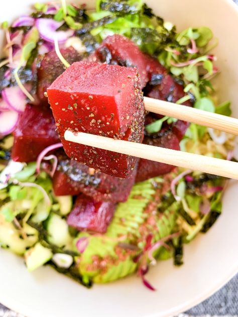 Beet Poke Bowl, Beet Poke, Chef Bai, Vegan Tuna, Vegan Gourmet, Chili Garlic Paste, Poke Bowls, Coconut Aminos, Poke Bowl