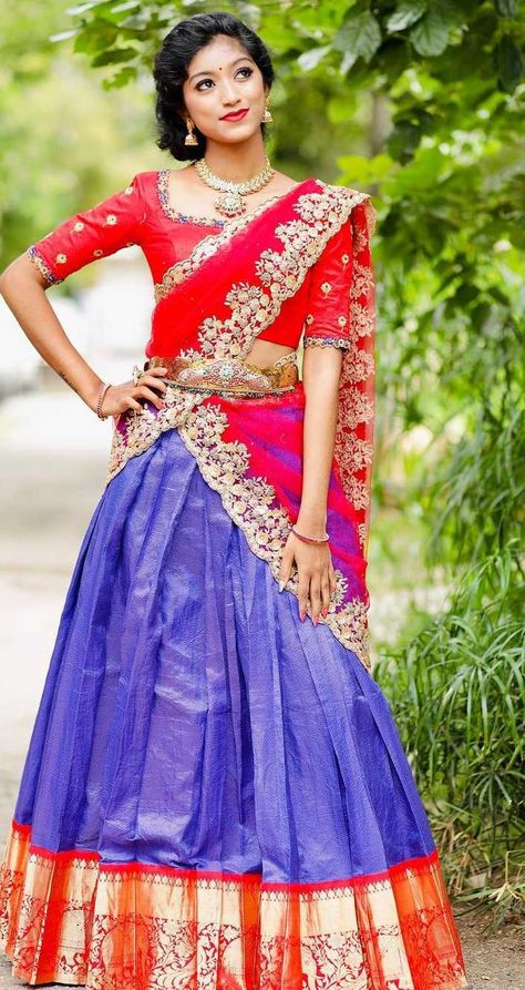 Half Saree Designs South Indian, Langa Voni Half Saree, Pink Half Sarees, Churidar Neck, Sarees Pattu, Langa Voni, Simple Frock Design, Lehenga Saree Design, Long Frock Designs