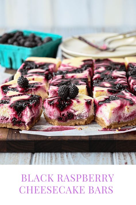 Easy creamy classic baked cheesecake bars contrast against a dark, tart black raspberry swirl. Black Raspberry Cheesecake, Roasted Strawberry Cheesecake, Black Raspberry Recipes, Raspberry Cheesecake Bars, Roasted Strawberry, Raspberry Desserts, Baked Cheesecake, Cheesecake Bar Recipes, Roasted Strawberries