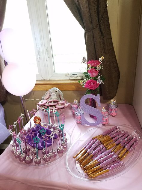 Sofia the first birthday party snack table. Birthday Party Snack Table, Party Snack Table, Sofia The First Party, Sofia The First Birthday Party, Sofia Party, Birthday Party Snacks, Party Snack, Snack Table, Diy Birthday Decorations