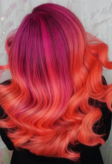 Orange And Pink Hair, Red And Pink Hair, Short Hair Ombre, Sunset Hair Color, Pink Hairstyles, Pink And Orange Hair, Sunset Hair, Short Ombre Hair, Color Ideas For Short Hair