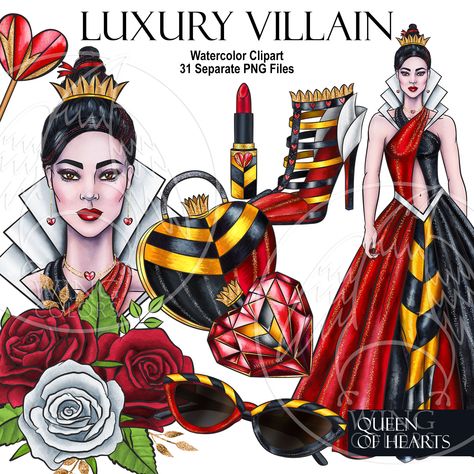 Queen Of Hearts Dress Drawing, Villain Beauty, Queen Of Hearts Fashion, Queen Of Hearts Artwork, Evil Queen Illustration, Fairytale Queen, Queen Of Hearts Fashion Illustration, Cruella Deville Fashion Illustration, Graphic Png