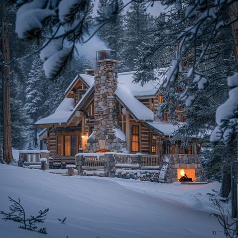 Cozy winter cabin in snowy forest setting with stone chimney, glowing windows, and serene landscape, offering a warm retreat in nature. Cozy Winter Cabin Aesthetic, Winter Cabin Aesthetic, Bloxburg City Ideas, Cabin In The Snow, Winter Blessings, Bloxburg City, Cozy Winter Cabin, Snow Cabin, Snowy Cabin