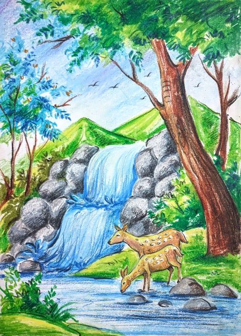 Forest Scenery Drawing, Drawing Waterfall, Scenery Drawing Pencil, Waterfall Drawing, Scenery Drawing For Kids, Easy Scenery Drawing, Oil Pastel Landscape, Ocean Art Painting, Waterfall Scenery