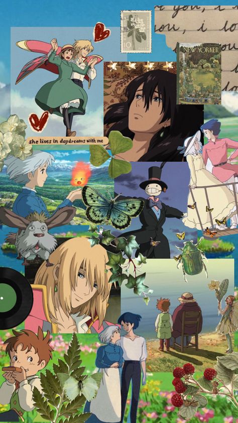 Wallpaper Anime Howl Moving Castle, Howls Moving Castle Collage Wallpaper, Howl's Moving Castle Aesthetic Howl, Howls Moving Castle Moodboard, Howls Moving Castle Background, Howls Moving Castle Aesthetic Wallpaper, Howls Moving Castle Wallpaper Aesthetic, Howls Moving Castle Wallpaper Iphone, Howl Aesthetic