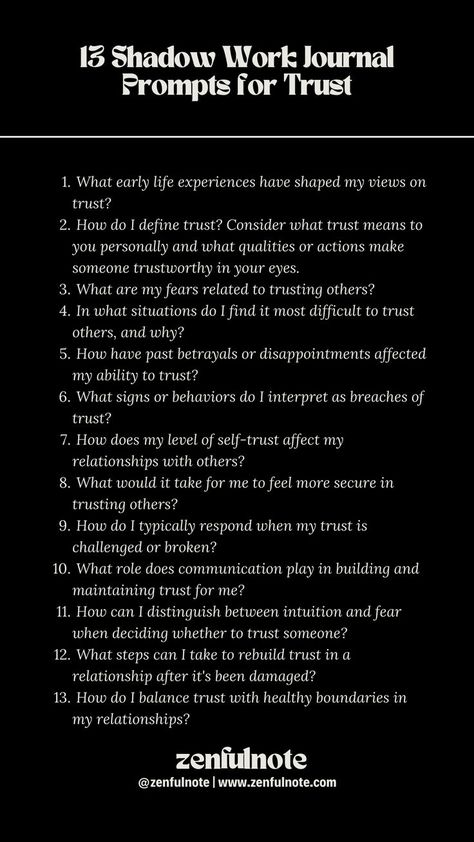 Exploring issues of trust through shadow work can help uncover the underlying fears, experiences, and beliefs that influence your ability to trust others and yourself. This deep, introspective work can lead to greater self-awareness, healing, and the development of healthier relationships. Engaging with these questions requires patience and vulnerability. It's important to approach this work with a compassionate and open heart, recognizing that building trust is a gradual process. Shadow Work Journal Prompts, Work Journal Prompts, Shadow Work Spiritual, Shadow Work Journal, Mental Health Activities, Journal Questions, Journal Inspiration Writing, Healing Journaling, Daily Journal Prompts