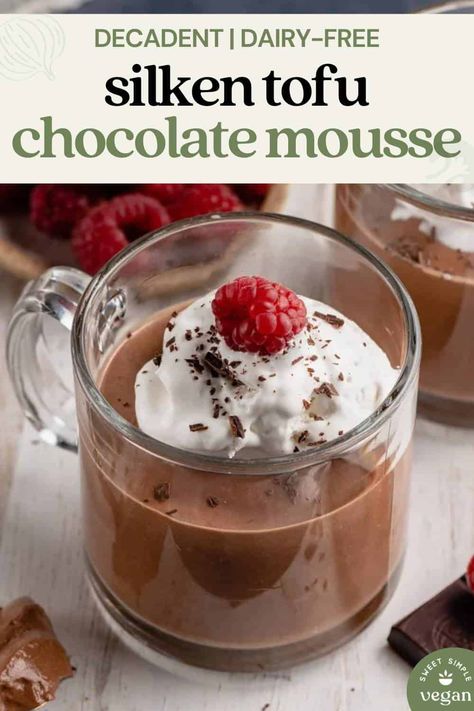 This silken tofu chocolate mousse is a decadent dessert that will be a hit with even the pickiest eaters. It requires just a few simple ingredients and you won't even taste the tofu! #vegan #chocolate #tofu #mousse #dessert #recipe #sweet #sweetsimplevegan Silken Tofu Mousse, Silken Tofu Chocolate Mousse, High Snacks, Mini Chocolate Mousse, Tofu Chocolate Mousse, Tofu Mousse, French Mousse, High Tea Menu, Tofu Vegan