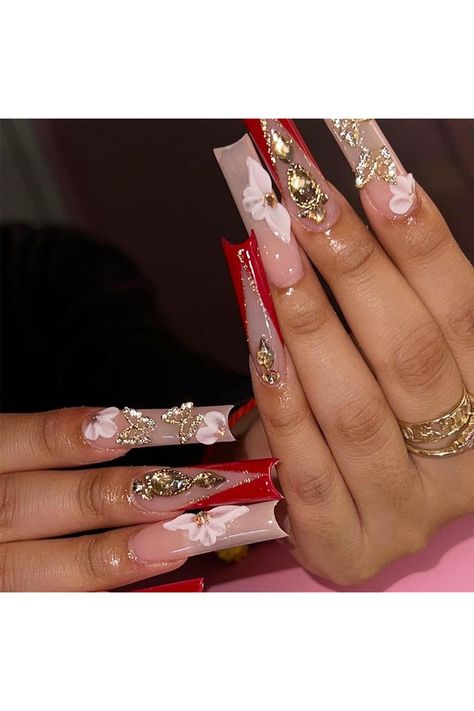 24pcs Long Coffin Press on Nails French Tip Fake Nails Set Red Edge Glitter Gold Stick on Nails Butterfly Flower Rhinestone Glue-on Nails Removable Acrylic False Nails Women Nail Art Accessories Hari Valentine, Nagel Tips, Manicure Tips, Nail Type, Nail Forms, Nail Length, False Nail, Rhinestone Designs, Nail Accessories