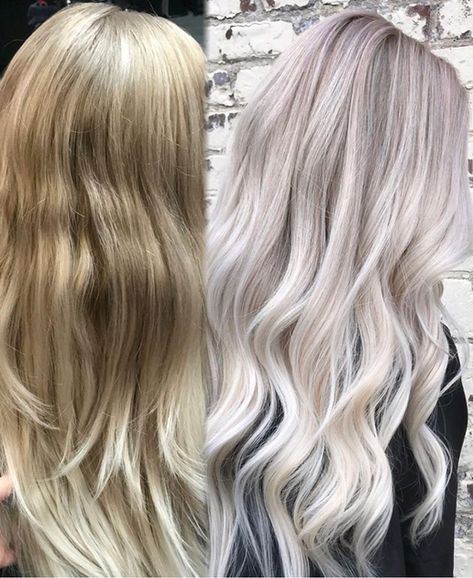 STEP 1: In foils with a balayage tip-out, lift using Redken Flash Lift (with PH Bonder added), working from 20 – 30 volume as you approach the top. STEP 2: Tone using Redken Shades EQ 9v/9t/9g/Clear. Blonde Back, Toner For Blonde Hair, Blonde Toner, Ice Blonde Hair, Medium Shag, Redken Hair Color, Frosted Hair, Color Formulas, Icy Blonde Hair