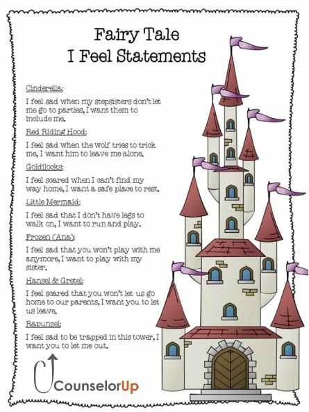 Conflict resolution - I Feel Statements for Fairy Tales. Fairy Tale Social Emotional, I Feel Statements Worksheet, I Statements Worksheet, I Feel Statements, Elementary Sel, I Statements, Conflict Resolution Activities, Therapy Interventions, School Counselor Resources