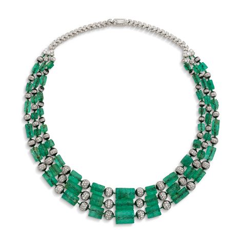 CARTIER ART DECO EMERALD, DIAMOND AND ENAMEL NECKLACE AND A PAIR OF ASSOCIATED EARRINGS | Christie's Cartier Art Deco, Art Deco Jewellery, Art Deco Emerald, Necklace Emerald, Diamond Necklace Designs, Emerald Bead, Enamel Necklaces, Emerald Necklace, Gold Necklaces