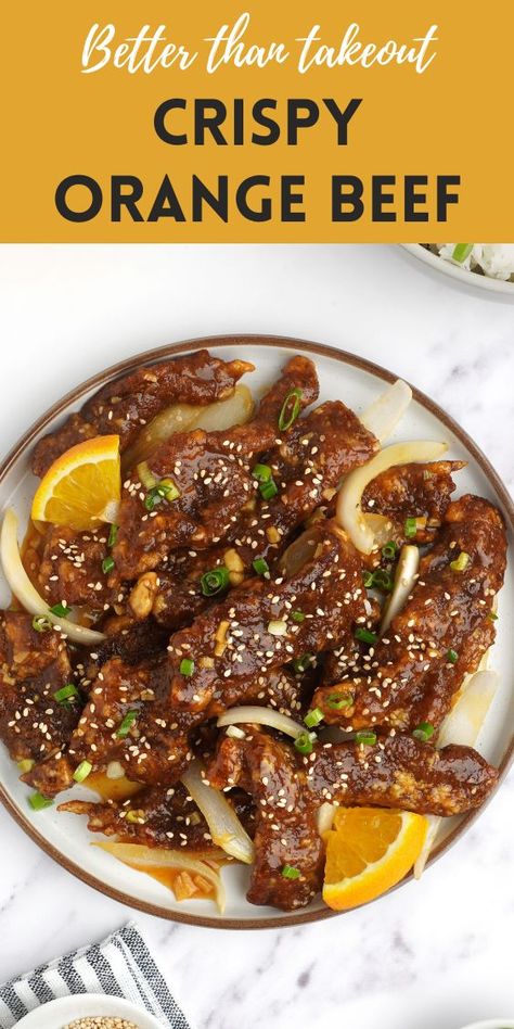 A white plate filled with crispy deep fried beef and sprinkle with spring onion and sesame seeds. Orange Beef Recipe, Crispy Orange Beef, Shaved Beef Recipe, Sauce For Beef, Chinese Beef Recipes, Shredded Beef Recipes, Weston Price, Orange Beef, Sesame Beef