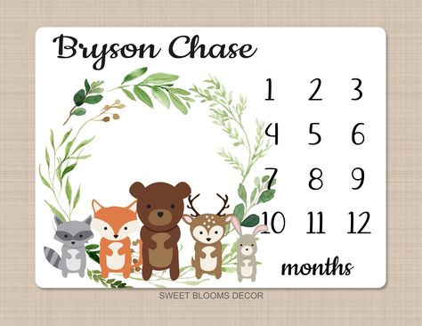 Woodland Milestone Blanket Baby Boy Monthly Growth Tracker Personalized Woodland Animals Blanket Newborn Photo Prop Baby Shower Gift  872 Boy Girl Names, Monthly Pictures, Baby Milestone Blanket, Newborn Blankets, Personalized Newborn, Animal Blanket, Personalized Baby Boy, Baby Growth, Boy Blankets