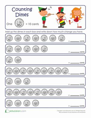 Introduce your first grader to counting by tens with dimes with this worksheet. Vpk Worksheets, Counting Dimes Worksheet, Learning Coins, Kindergarten Money, Count By Tens, Counting By Tens, Money Kindergarten, Math Money, Money Songs