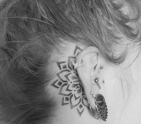 Behind Ear Tattoo Geometric, Behind The Ear Mandala Tattoo, Behind Ear Tattoo Mandala, Ears Tattoo Behind The, Geometric Tattoo Behind Ear, Mandala Behind Ear Tattoo, Lotus Ear Tattoo, Mandala Ear Tattoo, Front Of Ear Tattoo