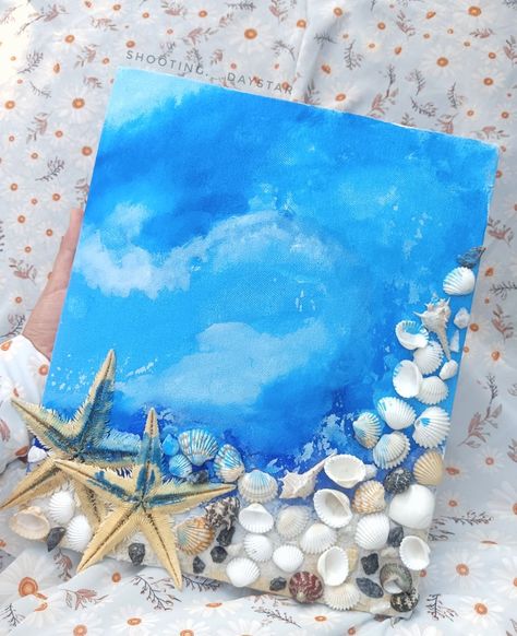 I used sea stuffs here & real star fish✨ Star Fish Painting, Ocean Theme Painting, Painting Waves, Theme Painting, Shell Painting, Real Star, Painting Ocean, Painted Shells, Star Fish