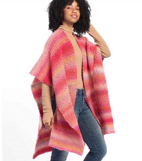 Caron Crochet Caught In A Haze Ruana | JOANN Crochet Ruana Pattern Free, Beginner Crochet Shawl, Crochet Ruana Pattern, Free Beginner Crochet Patterns, Crochet Ruana, Ruana Pattern, Winter Crochet Patterns, Crochet Mitts, Crochet Wraps